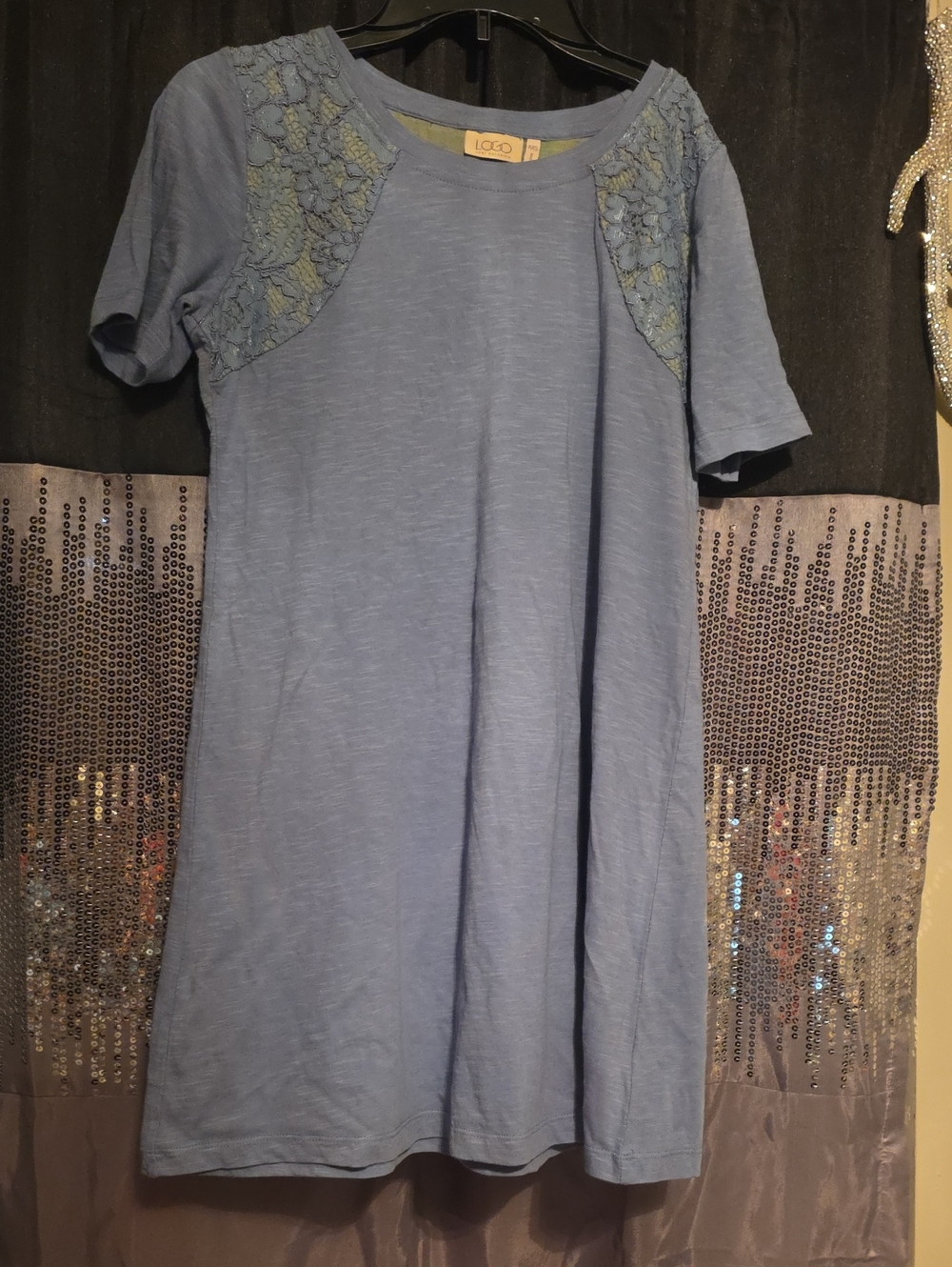 🟣LOGO by Lori Goldstein Light Blue Lace-Shoulder Mini Dress
